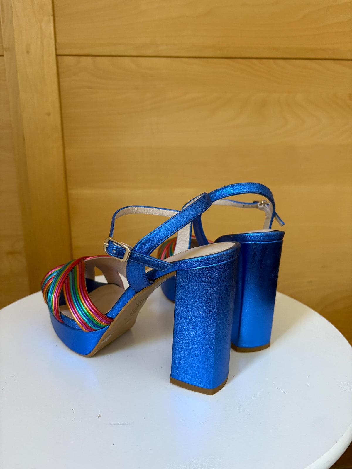 Rainbow Leather Platform Heels EU 37 | Metallic Blue Spanish Sandals | Colorful Chunky Party Shoes Made in Spain