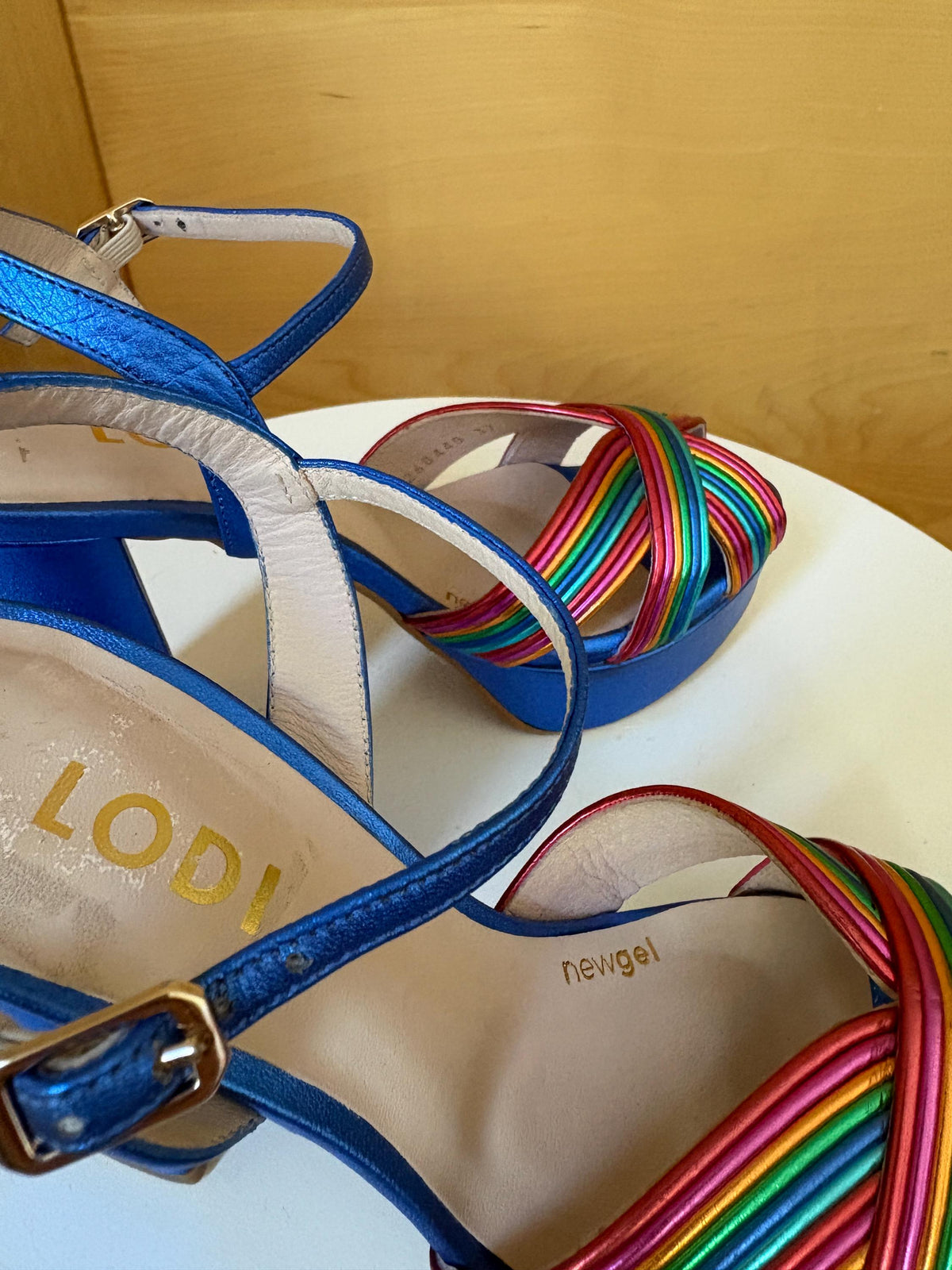 Rainbow Leather Platform Heels EU 37 | Metallic Blue Spanish Sandals | Colorful Chunky Party Shoes Made in Spain