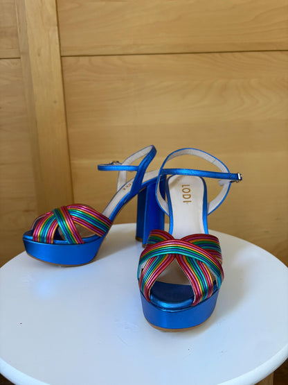 Rainbow Leather Platform Heels EU 37 | Metallic Blue Spanish Sandals | Colorful Chunky Party Shoes Made in Spain