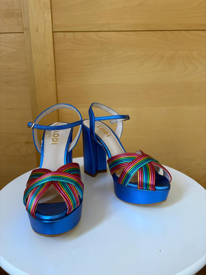 Rainbow Leather Platform Heels EU 37 | Metallic Blue Spanish Sandals | Colorful Chunky Party Shoes Made in Spain