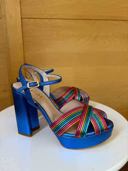 Rainbow Leather Platform Heels EU 37 | Metallic Blue Spanish Sandals | Colorful Chunky Party Shoes Made in Spain