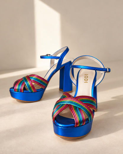 Rainbow Leather Platform Heels EU 37 | Metallic Blue Spanish Sandals | Colorful Chunky Party Shoes Made in Spain