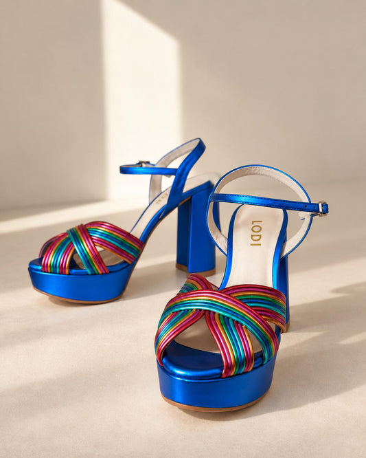 Rainbow Leather Platform Heels EU 37 | Metallic Blue Spanish Sandals | Colorful Chunky Party Shoes Made in Spain
