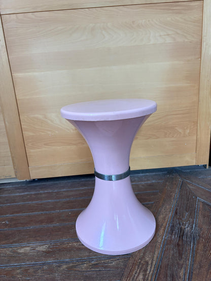 Vintage Pink Space Age Side Table | Retro Plastic Pedestal Table | Tam Tam Style Bedside Stand with Silver-Tone Trim