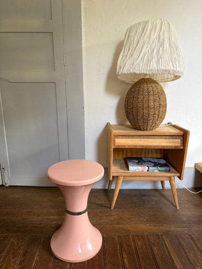 Vintage Pink Space Age Side Table | Retro Plastic Pedestal Table | Tam Tam Style Bedside Stand with Silver-Tone Trim
