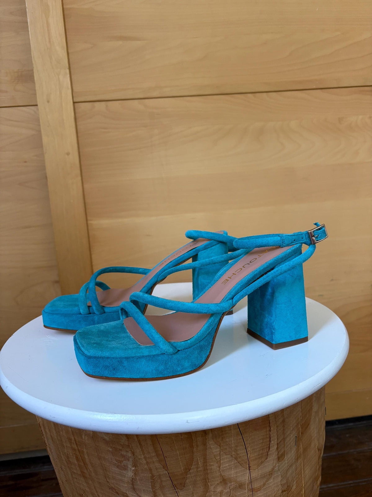 Blue Suede Platform Heels EU 37 | Spanish Leather Block-Heel Sandals | Vibrant Turquoise Designer Shoes