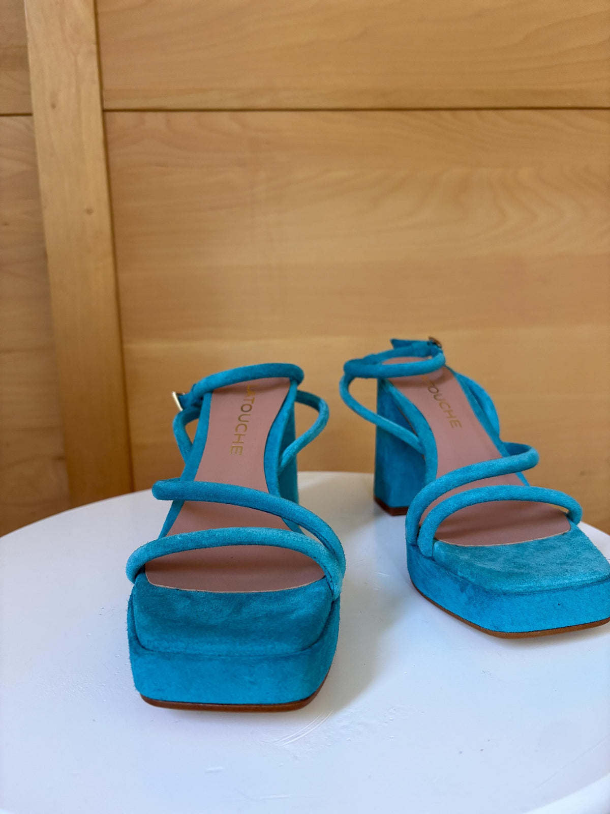 Blue Suede Platform Heels EU 37 | Spanish Leather Block-Heel Sandals | Vibrant Turquoise Designer Shoes