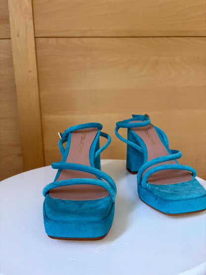 Blue Suede Platform Heels EU 37 | Spanish Leather Block-Heel Sandals | Vibrant Turquoise Designer Shoes