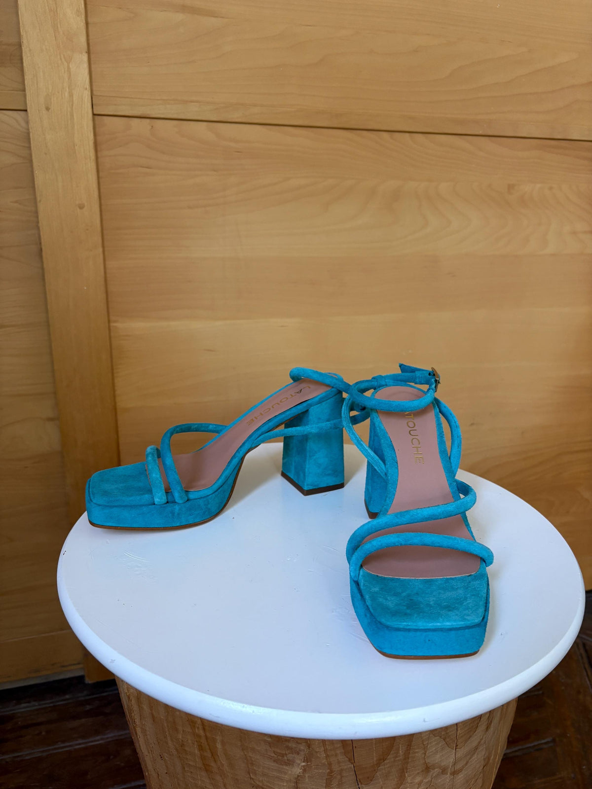 Blue Suede Platform Heels EU 37 | Spanish Leather Block-Heel Sandals | Vibrant Turquoise Designer Shoes