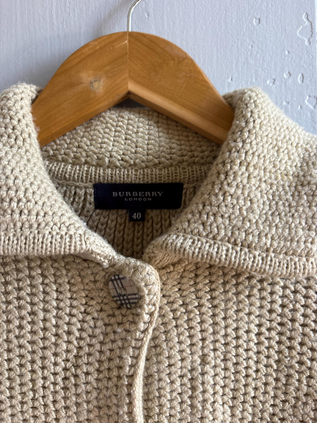 Burberry London Chunky Wool Cardigan | Beige Knit Button Up | Cozy Winter wear | Nova Check Buttons
