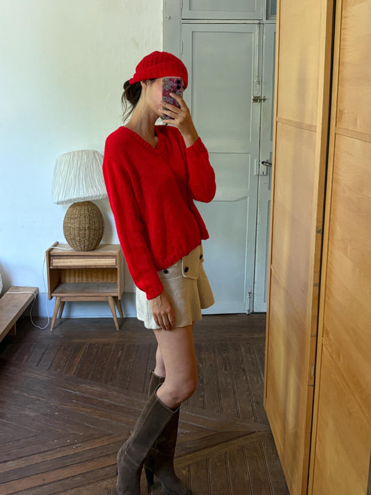 Handmade Bright Red Knitted Sweater & Beanie Set | Granny Knit | Cottagecore | Cozy Winter Set | One of a Kind