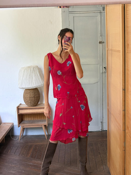 Vintage Y2K Floral Two Piece Set | Viscose Top & Layered Skirt | Cottagecore | Fairycore
