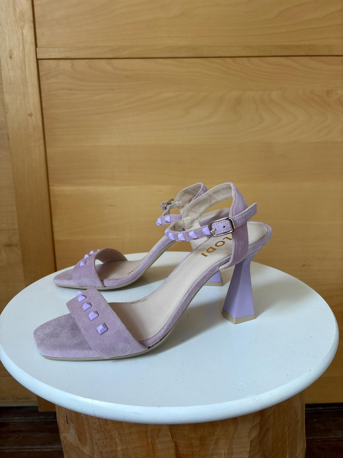 Lavender Suede Studded Heels — back view