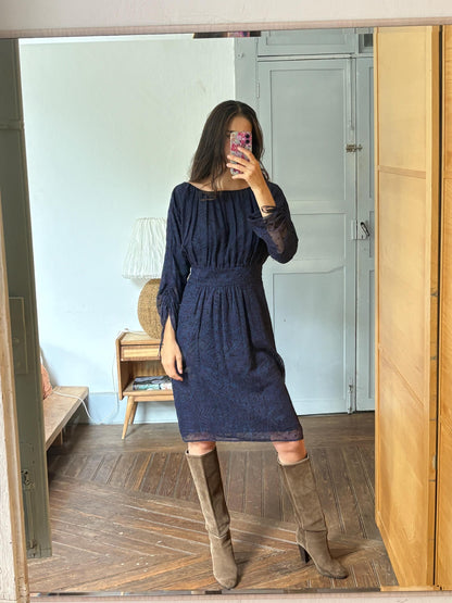 Antik Batik Silk Bohemian Dress | 100% Silk | Cotton Lining | Navy Print | Size L (EU 42)