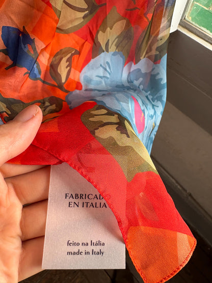 Large 100% Silk Floral Scarf | Long Sheer Wrap | Vibrant Orange & Blue | Luxury wardrobe staple