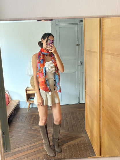 Large 100% Silk Floral Scarf | Long Sheer Wrap | Vibrant Orange & Blue | Luxury wardrobe staple