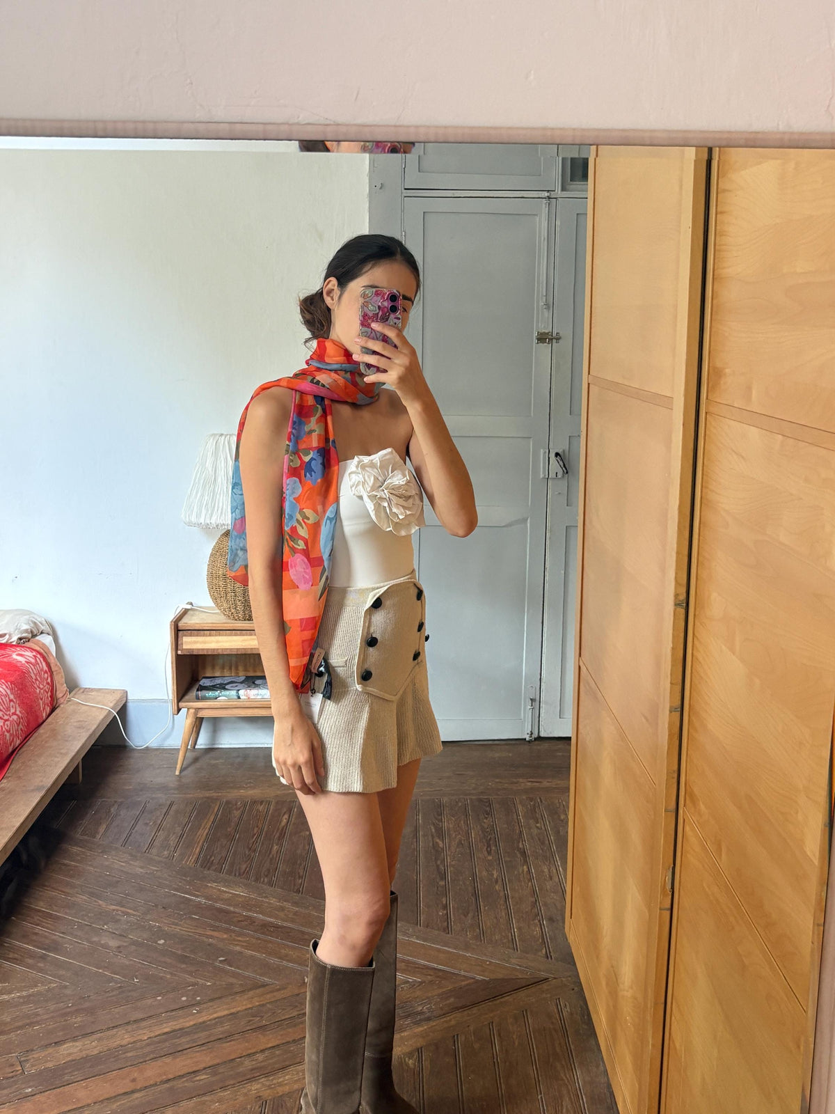 Large 100% Silk Floral Scarf | Long Sheer Wrap | Vibrant Orange & Blue | Luxury wardrobe staple