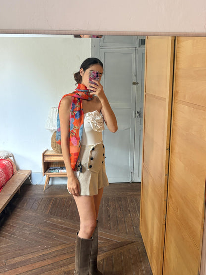Large 100% Silk Floral Scarf | Long Sheer Wrap | Vibrant Orange & Blue | Luxury wardrobe staple