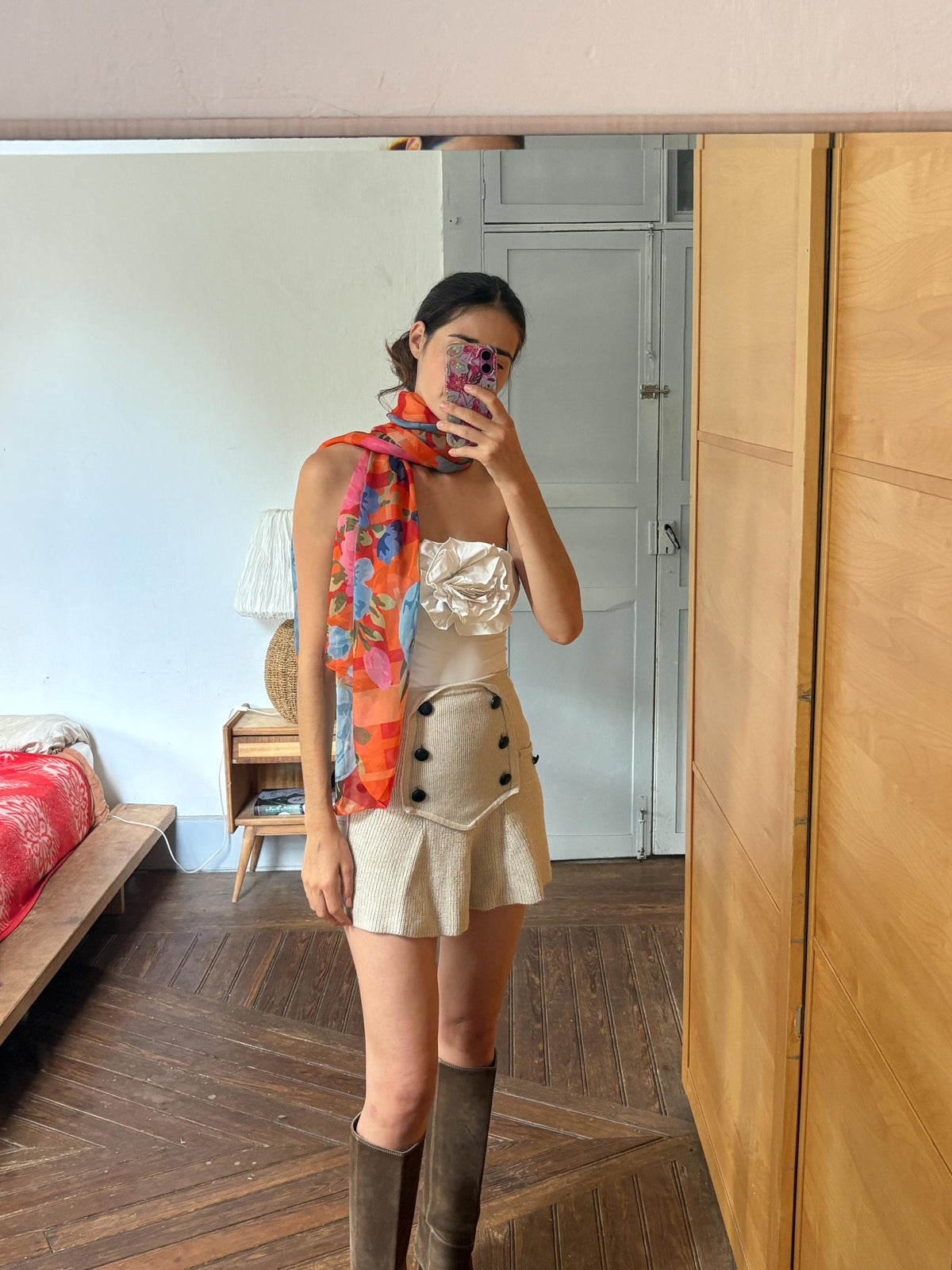 Large 100% Silk Floral Scarf | Long Sheer Wrap | Vibrant Orange & Blue | Luxury wardrobe staple