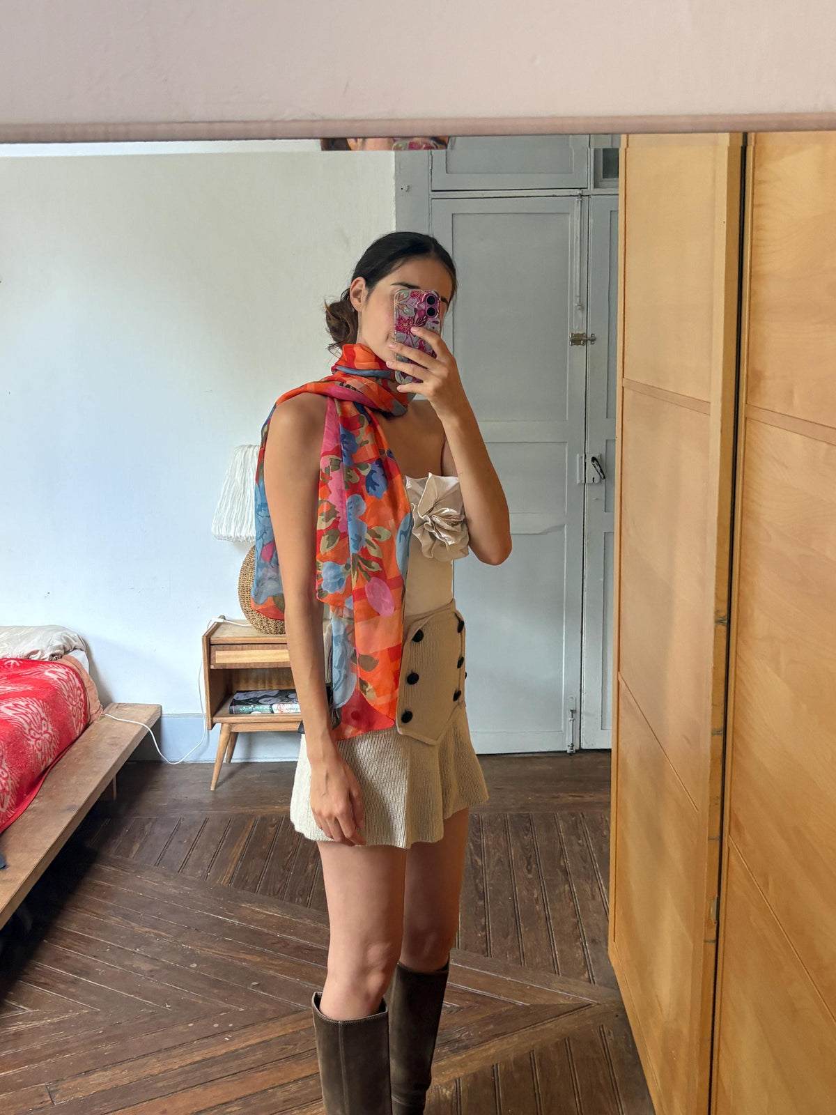 Large 100% Silk Floral Scarf | Long Sheer Wrap | Vibrant Orange & Blue | Luxury wardrobe staple