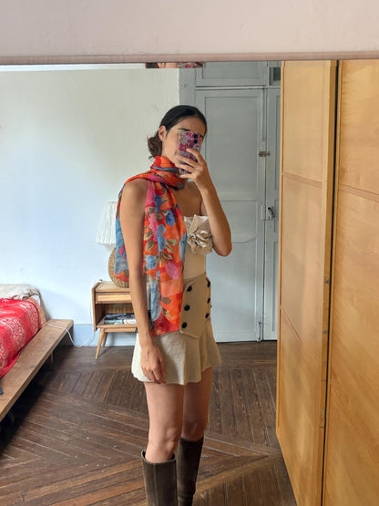 Large 100% Silk Floral Scarf | Long Sheer Wrap | Vibrant Orange & Blue | Luxury wardrobe staple