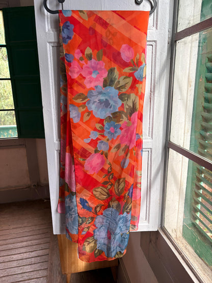 Large 100% Silk Floral Scarf | Long Sheer Wrap | Vibrant Orange & Blue | Luxury wardrobe staple