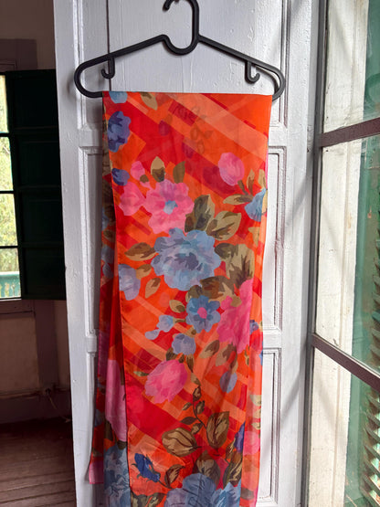 Large 100% Silk Floral Scarf | Long Sheer Wrap | Vibrant Orange & Blue | Luxury wardrobe staple