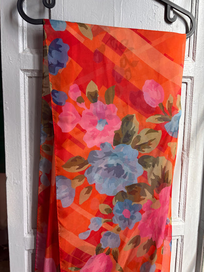 Large 100% Silk Floral Scarf | Long Sheer Wrap | Vibrant Orange & Blue | Luxury wardrobe staple