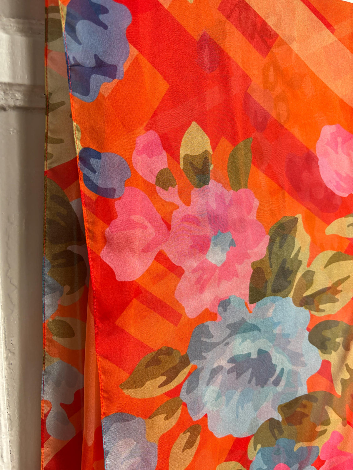 Large 100% Silk Floral Scarf | Long Sheer Wrap | Vibrant Orange & Blue | Luxury wardrobe staple