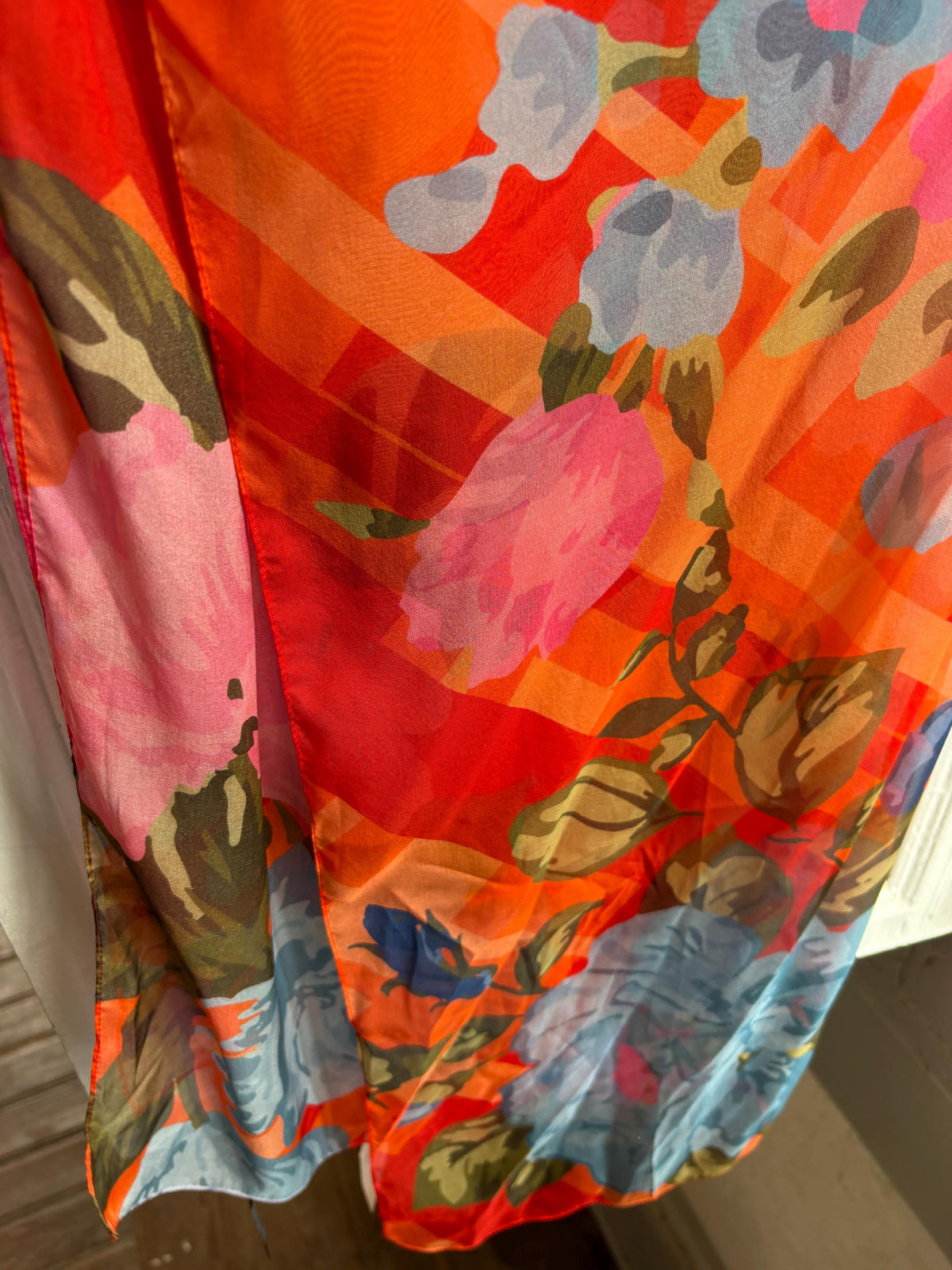 Large 100% Silk Floral Scarf | Long Sheer Wrap | Vibrant Orange & Blue | Luxury wardrobe staple