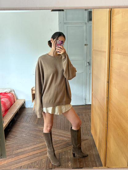 Men’s Wool blend brown Jumper Size 12  - 4X Oversized Taupe Crew Neck Knit | Made in Spain Quiet Luxury Sweater