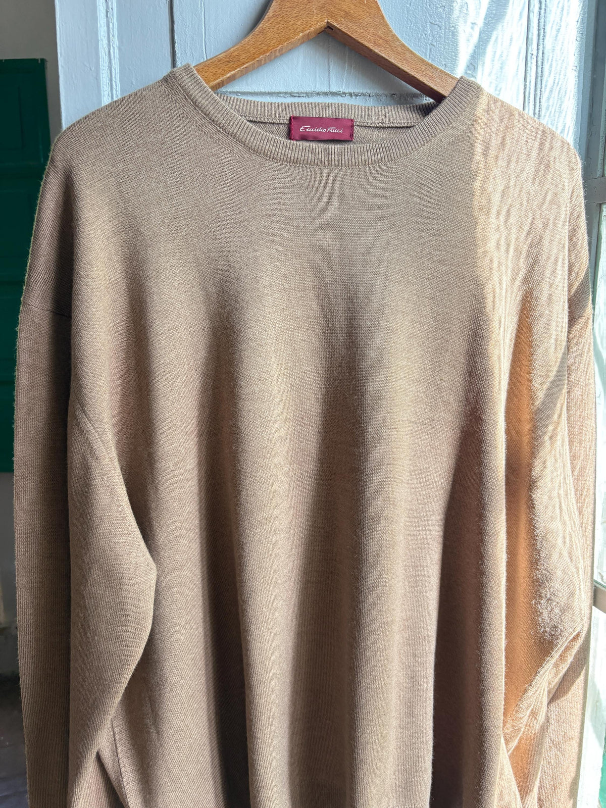 Men’s Wool blend brown Jumper Size 12  - 4X Oversized Taupe Crew Neck Knit | Made in Spain Quiet Luxury Sweater