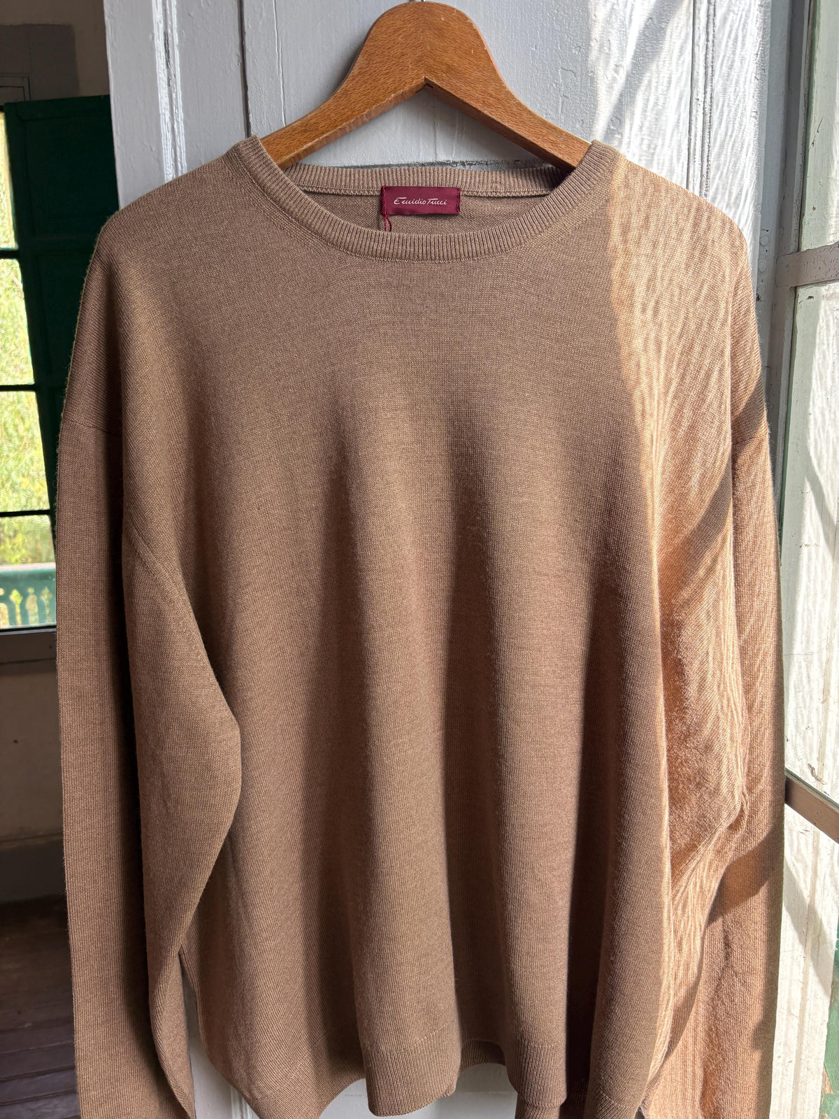 Men’s Wool blend brown Jumper Size 12  - 4X Oversized Taupe Crew Neck Knit | Made in Spain Quiet Luxury Sweater