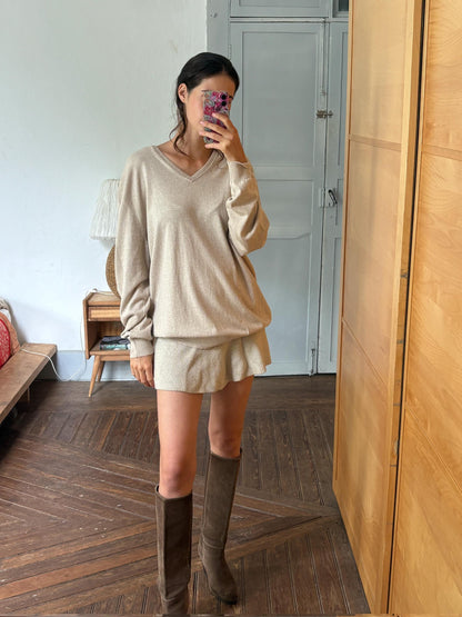 Luxe Beige Cotton Silk Cashmere Jumper | Men’s Oversized V-Neck Knit | Unisex Luxury Sweater