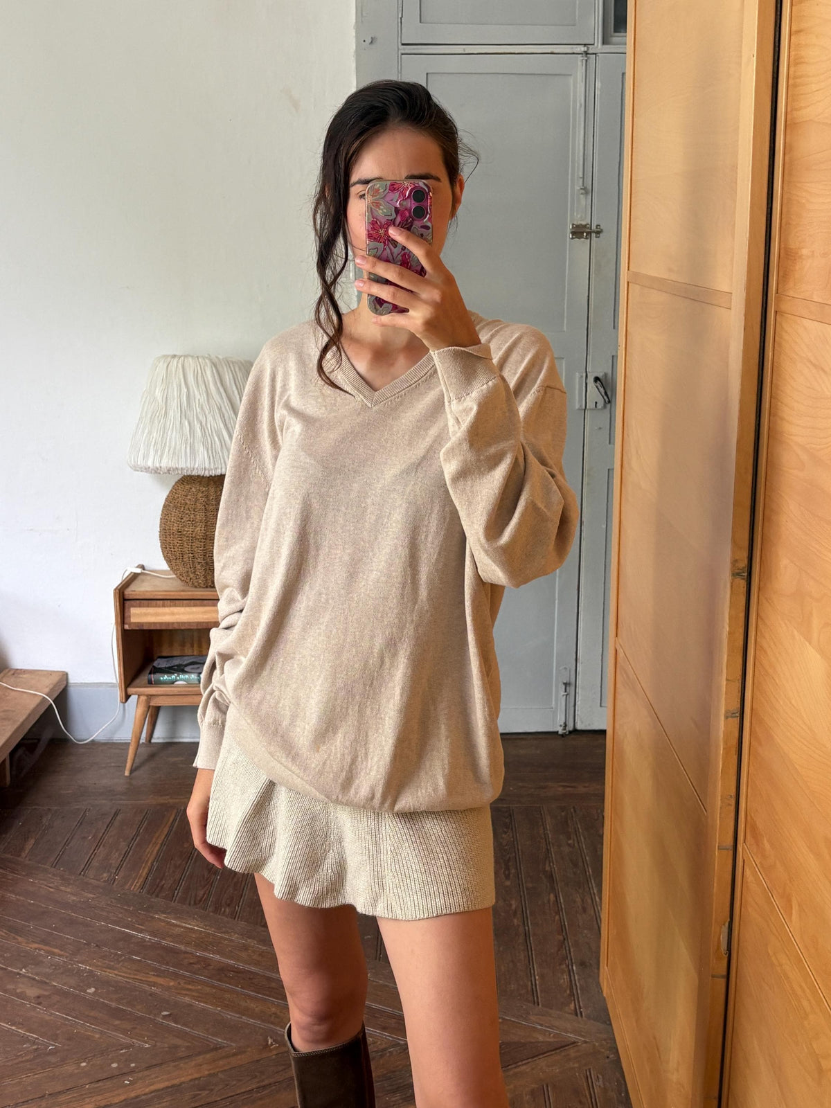 Luxe Beige Cotton Silk Cashmere Jumper | Men’s Oversized V-Neck Knit | Unisex Luxury Sweater