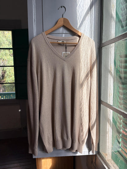 Luxe Beige Cotton Silk Cashmere Jumper | Men’s Oversized V-Neck Knit | Unisex Luxury Sweater