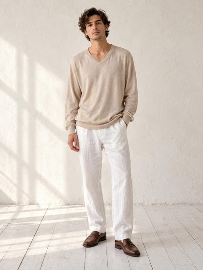 Luxe Beige Cotton Silk Cashmere Jumper | Men’s Oversized V-Neck Knit | Unisex Luxury Sweater