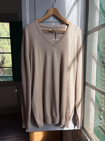Luxe Beige Cotton Silk Cashmere Jumper | Men’s Oversized V-Neck Knit | Unisex Luxury Sweater