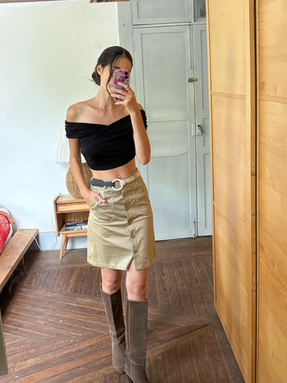 Morgan de Toi Beige High-Waist Skirt EU 36 | Belted Button-Front Utility Mini | French Y2K Safari Style