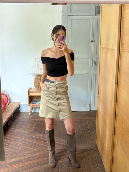 Morgan de Toi Beige High-Waist Skirt EU 36 | Belted Button-Front Utility Mini | French Y2K Safari Style