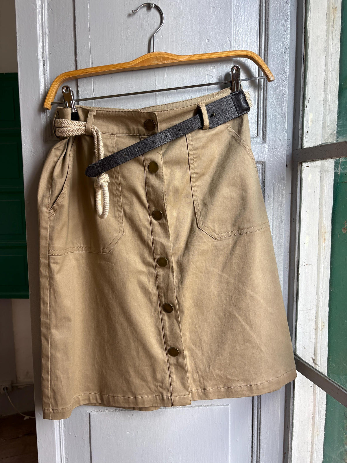 Morgan de Toi Beige High-Waist Skirt EU 36 | Belted Button-Front Utility Mini | French Y2K Safari Style