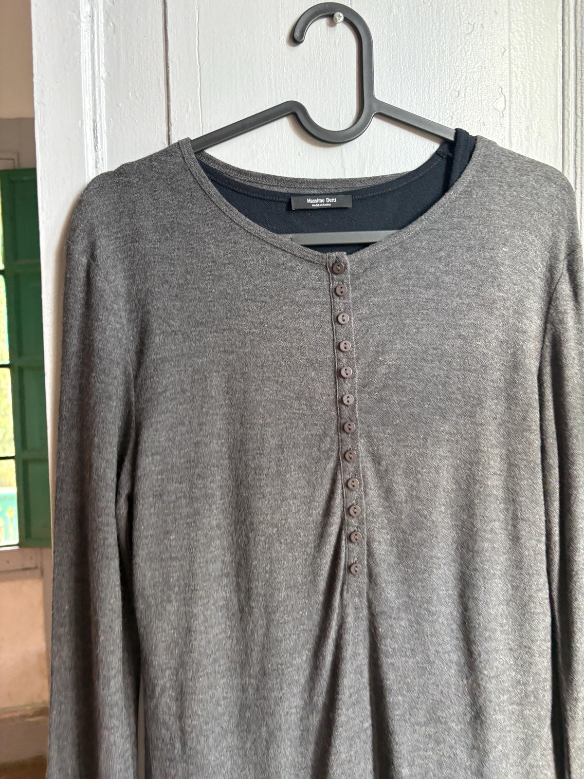 Massimo Dutti Modal Wool Layered Top Size S | Dark Grey Long-Sleeve Shirt with Black Tank | Minimalist Button Top