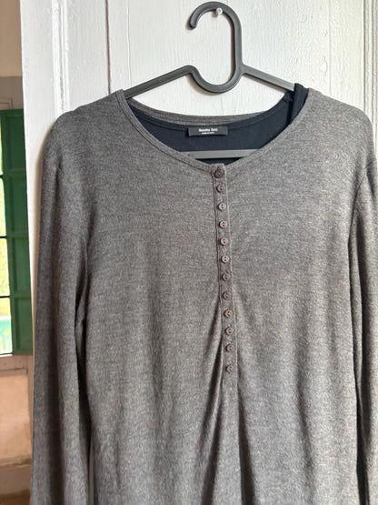 Massimo Dutti Modal Wool Layered Top Size S | Dark Grey Long-Sleeve Shirt with Black Tank | Minimalist Button Top