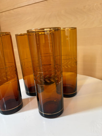 Vintage Amber Brown Highball Glasses Set of 5 | Gold-Rimmed Etched Leaf Tumblers | Elegant Retro Barware