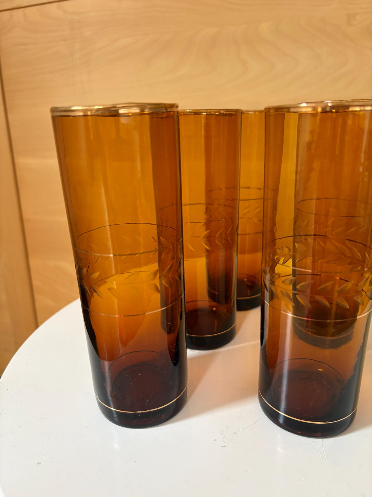 Vintage Amber Brown Highball Glasses Set of 5 | Gold-Rimmed Etched Leaf Tumblers | Elegant Retro Barware