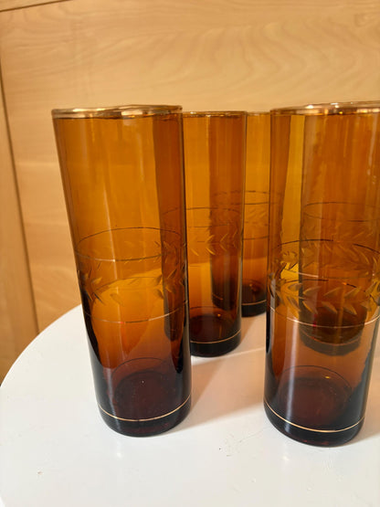 Vintage Amber Brown Highball Glasses Set of 5 | Gold-Rimmed Etched Leaf Tumblers | Elegant Retro Barware