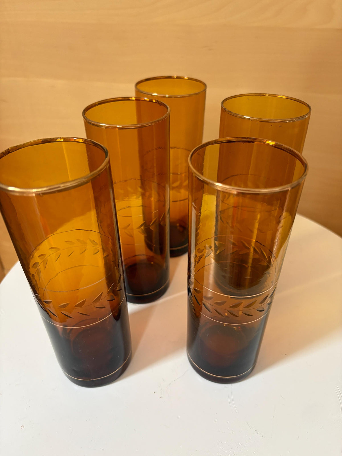 Vintage Amber Brown Highball Glasses Set of 5 | Gold-Rimmed Etched Leaf Tumblers | Elegant Retro Barware