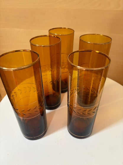 Vintage Amber Brown Highball Glasses Set of 5 | Gold-Rimmed Etched Leaf Tumblers | Elegant Retro Barware