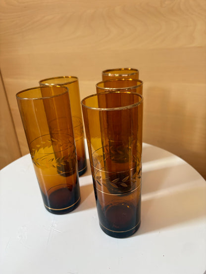 Vintage Amber Brown Highball Glasses Set of 5 | Gold-Rimmed Etched Leaf Tumblers | Elegant Retro Barware