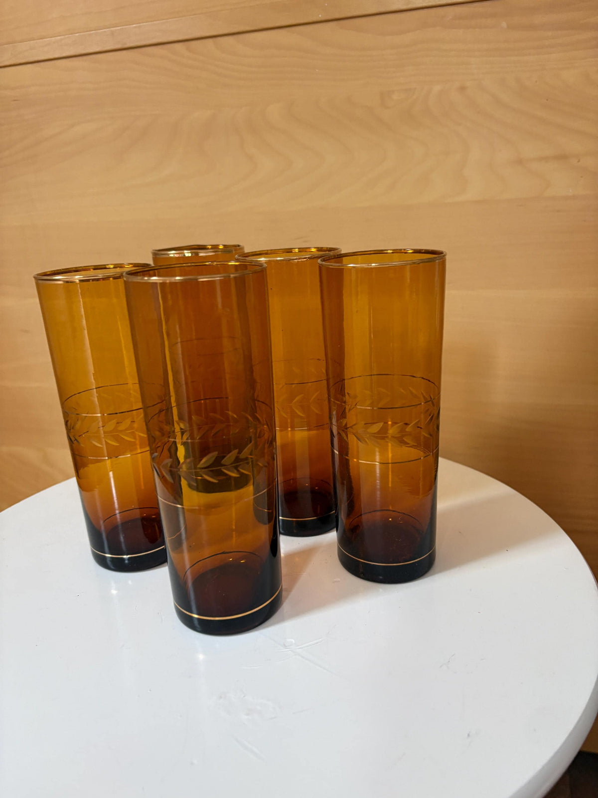 Vintage Amber Brown Highball Glasses Set of 5 | Gold-Rimmed Etched Leaf Tumblers | Elegant Retro Barware